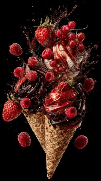 Яркие мороженые рожки с ягодами в фотореалистичном стиле высокой четкости и контрасте. Изображение из нейронной сети Миджорни