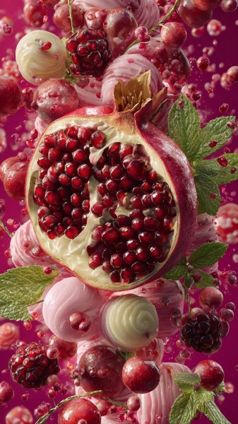 Сочное наслаждение гранатом и ягодами в ярких тонах. Генерация из нейросети Midjourney