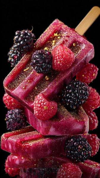 Ягодный десерт: фотореалистичный шедевр с малиной и черникой в золотом сиянии. Генерация из нейронной сети Миджорни