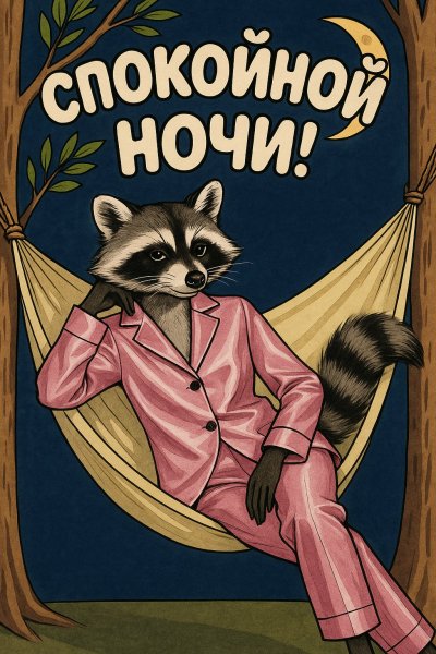 Енот в пижаме: уютная ночь под лунным светом и пожелание спокойствия. Изображение из нейросети Sora Images