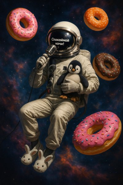 Астронавт и космический пнгвин: сказочный сон среди планет. Генерация из нейросети Sora Images