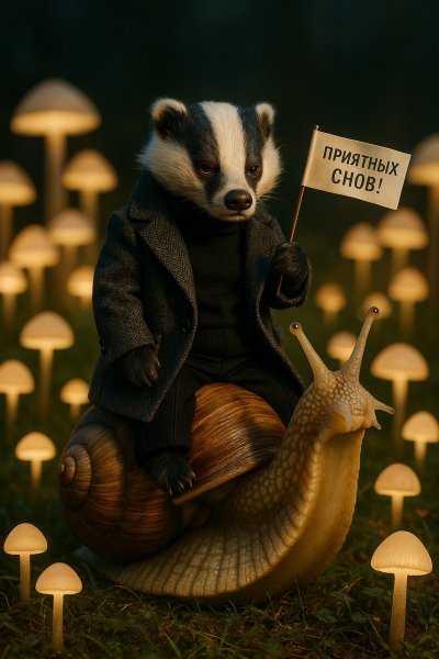 Ежище на улиточке в волшебном поле светящихся грибов. Изображение из нейросети Sora Images