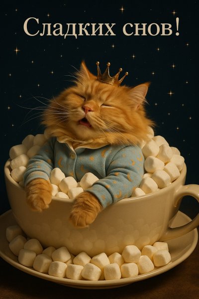 Котик во сне: сладкие сны в чашке с зефирками. Генерация из нейронной сети Sora