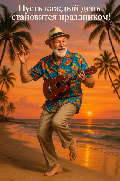 Улыбка на закате: гавайский вайб и радость жизни под пальмами. Нейросеть Sora Ai Images