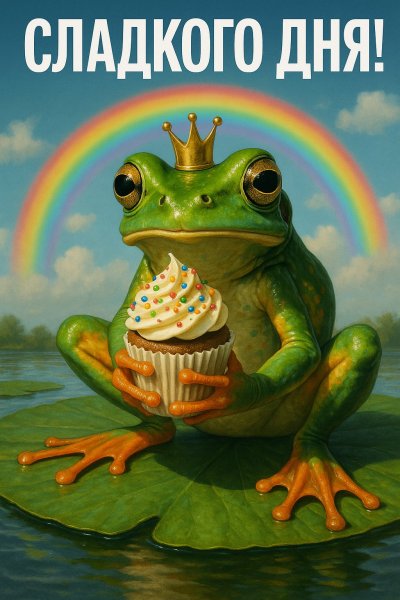 Забавный лягушонок с праздничным угощением и радугой. Генерация из нейронной сети Sora