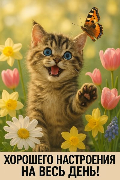 Весеннее настроение с очаровательным котенком и бабочками. Генерация из нейросети Sora Image