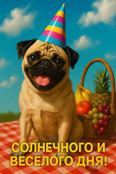 Забавный пёс-мопс в праздничной шляпе на пикнике с фруктами под голубым небом. Картинка из нейросети Sora images Ai