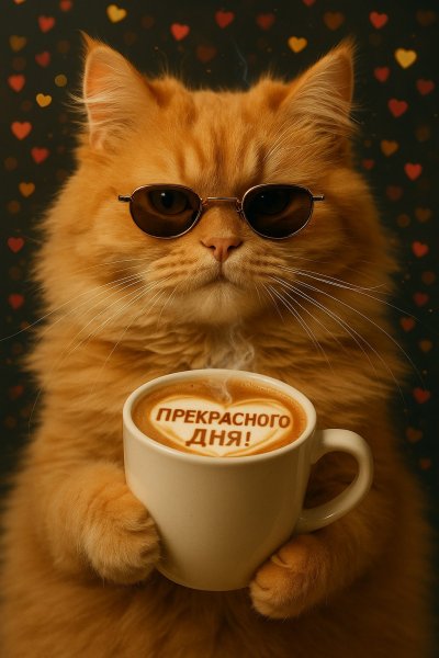 Рыжий кот с кофе и сердечками: гиперреалистичная нежность. Генерация из нейронной сети Sora Image