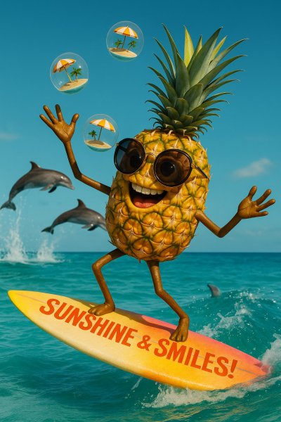 Ананас-серфингист: солнечное настроение и летние забавы на волнах океана. Нейронная сеть Sora Images