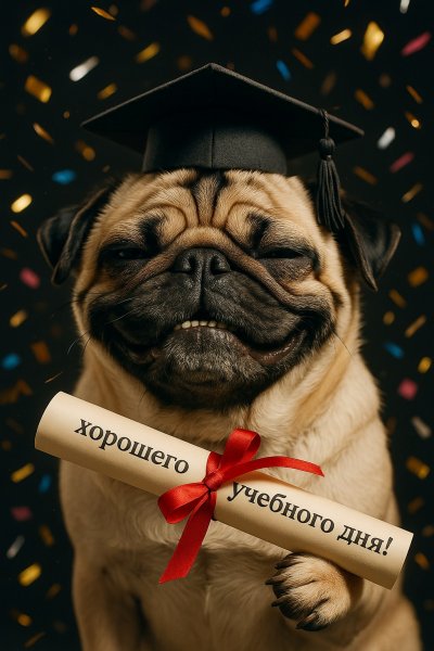 Пёс выпускник с дипломом и конфетти. Изображение из нейронной сети Sora Ai Images