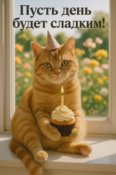 Игривый кот в праздничном настроении: день полон сладостей и радости. Картинка из нейронной сети Sora images Ai