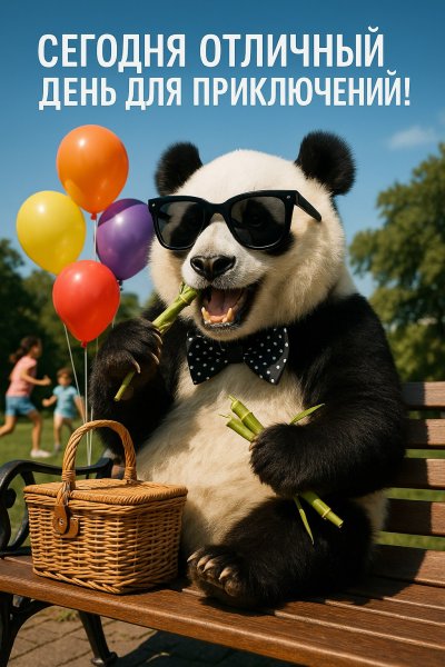 Панда на пикнике: весёлое настроение и яркие приключения в парке. Генерация из нейронной сети Sora Images