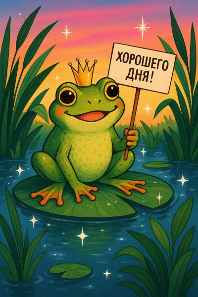 Весёлый лягушонок с короной и пожеланием хорошего дня. Генерация из нейросети Sora Images