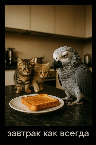 Неугомонные питомцы и завтрак с секретами: кошки, попугай и тосты. Генерация из нейросети Sora Ai Images