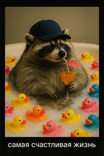 Счастливый енот в ванне с уточками и коктейлем. Генерация из нейросети Sora Image