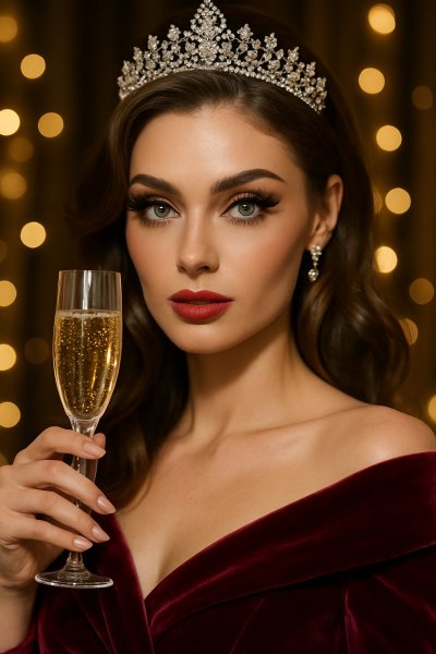 Роскошная женщина в бархатном платье с шампанским и бриллиантовой тиарой. Изображение из нейросети Sora Ai Images