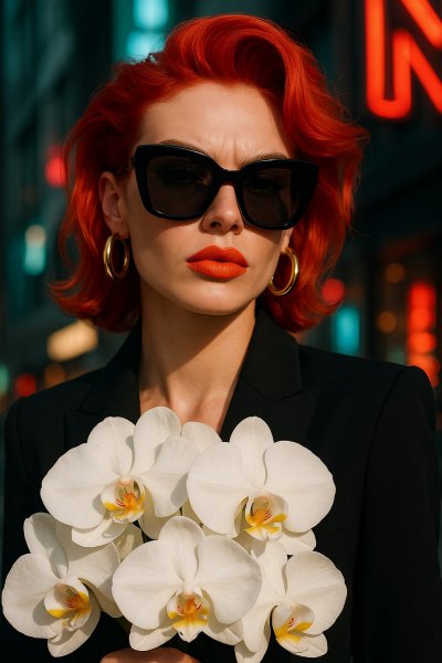 Яркая мода и стиль городской элегантности с красными волосами и белыми орхидеями. Генерация из нейросети Sora Image