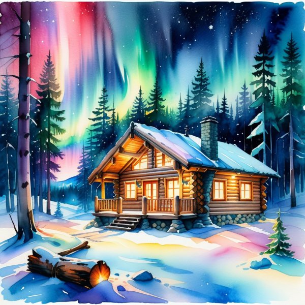 Ночная сказка: уютный домик в заснеженном лесу под северным сиянием. Нейронная сеть Stable Diffusion