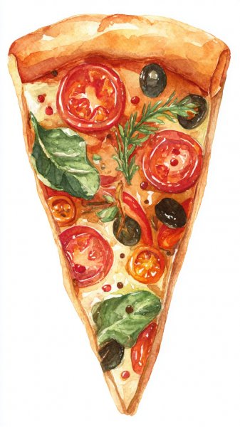 Изысканный срез пиццы с оливками в акварельной иллюстрации. Картинка из нейронной сети Midjourney