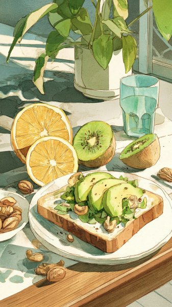 Утренний завтрак: акварельный натюрморт с авокадо и цитрусовыми фруктами. Картинка из нейросети Миджорни