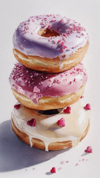 Акварельные пончики с глазурью: сладкая пирамида из вкуса и любви. Картинка из нейронной сети Midjourney