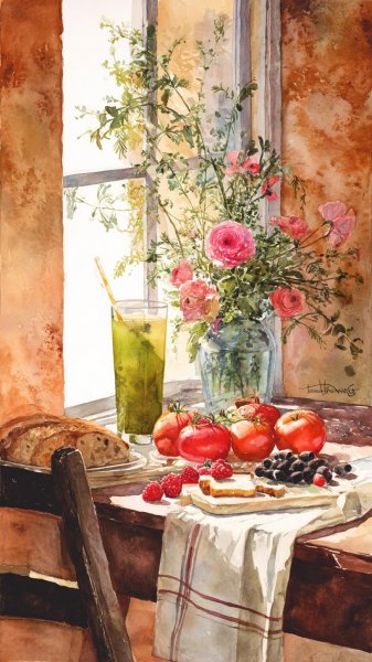 Завтрак в акварельных тонах: уютное утро с фруктами и сэндвичами. Генерация из нейронной сети Миджорни