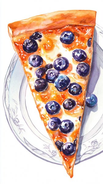 Аппетитный ломтик пиццы в акварельной иллюстрации с черникой. Картинка из нейронной сети Midjourney
