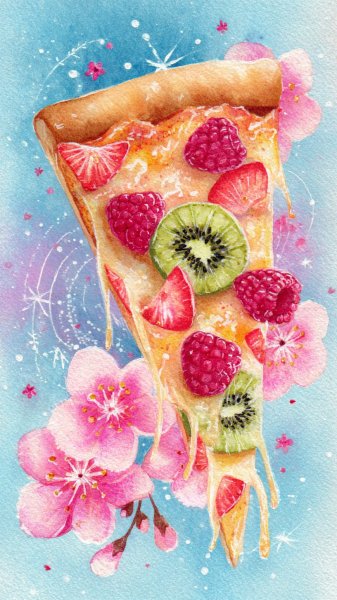 Пицца с малиной и киви: яркий акварельный натюрморт в стиле поп-арт. Изображение из нейросети Миджорни