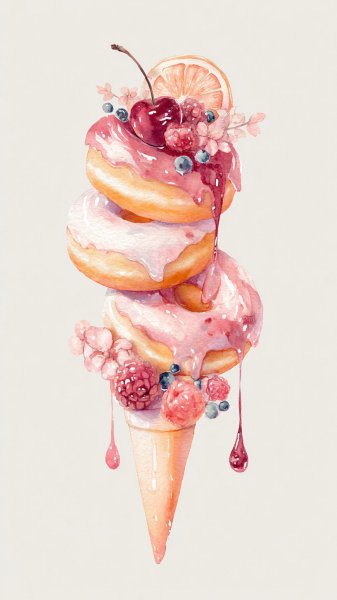 Сладкий акварельный натюрморт с пончиками и ягодами. Нейросеть Миджорни