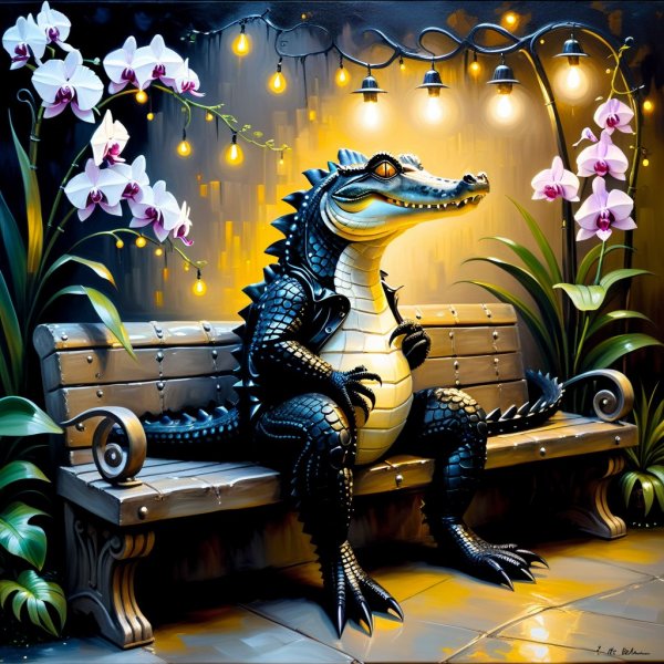 Тим Бёртон: чёрный крокодил среди орхидей в стиле фэнтези. Картинка из нейросети Stable Diffusion