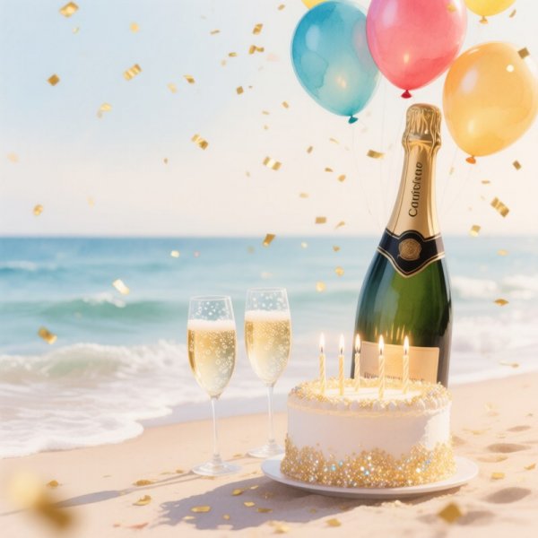 Праздничная открытка: роскошь и волшебство на берегу южного моря. Картинка из нейросети Qwen Image