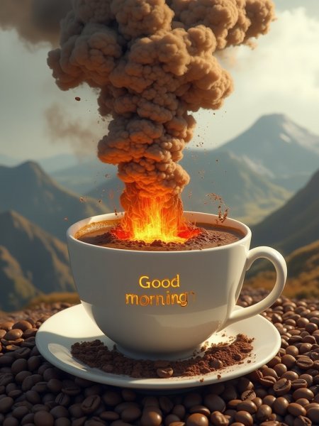 Утро в кофейном вулкане: сюрреалистическая композиция. Изображение из нейросети Flux Ai