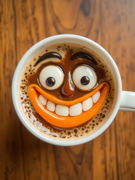 Весёлый кофейный персонаж: яркое и позитивное настроение в стиле поп-арт. Изображение из нейронной сети Flux 1