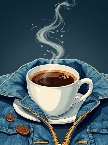 Кофейная симфония в джинсовой куртке: уют и теплота момента. Генерация из нейронной сети Flux Ai