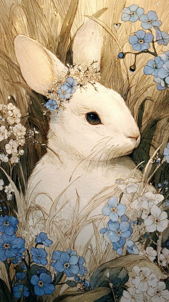 Нежная акварель: заяц во цветочной короне среди незабудок. Генерация из нейронной сети Midjourney