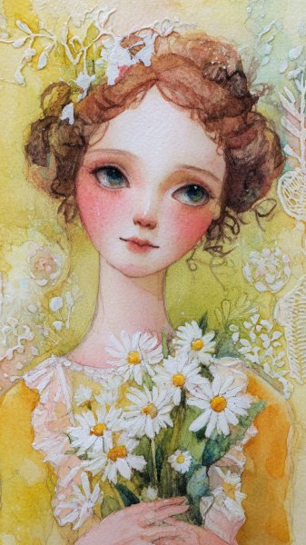 Нежная акварель: Тilda с ромашками в ладонях и нежным взглядом. Картинка из нейронной сети Миджорни