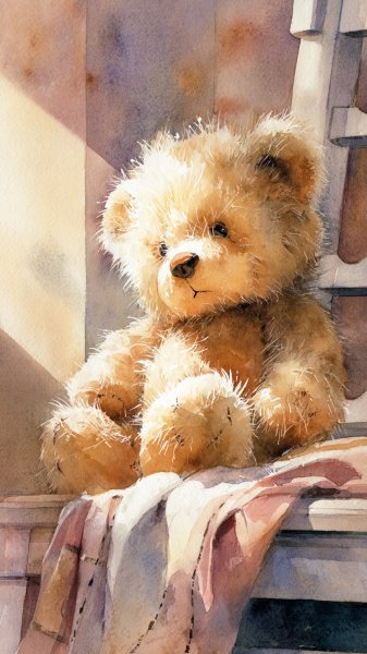 Старинный медвежонок в акварельных красках и мечтательном настроении. Нейросеть Midjourney