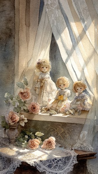 Воспоминания о прошлом: фарфоровые куклы в объятиях старины и нежности. Генерация из нейросети Midjourney