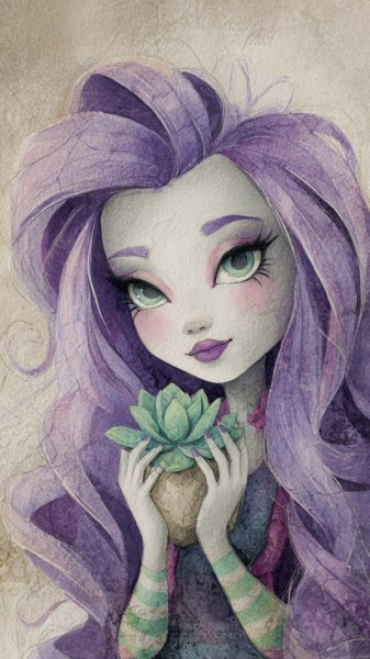 Монстр Хай: нежный акварельный портрет с суккулентом. Генерация из нейросети Миджорни