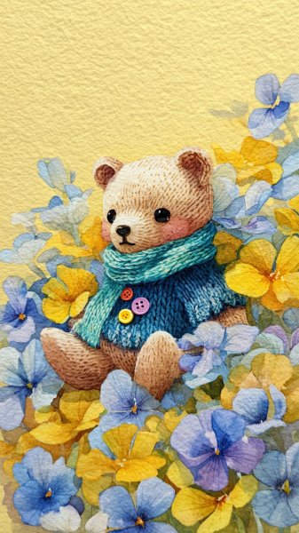 Милый акварельный медвежонок в вязаном шарфике и незабудках на лимонном фоне. Изображение из нейросети Миджорни