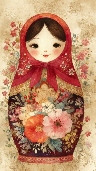 Яркая матрёшка в цветущем саду весеннего настроения. Нейросеть Миджорни