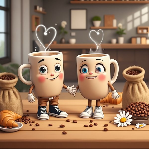 Уютное кафе: любовь в каждой чашке кофе и нежная атмосфера тепла. Картинка из нейронной сети Flux 1