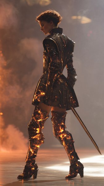 Эпическое фэнтези: воительница в лавовом доспехе и свете кино. Изображение из нейронной сети Midjourney