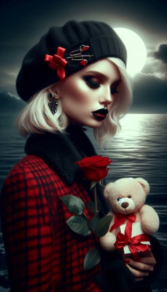 Таинственная готка с розами и подарками на фоне моря. Картинка из нейросети Dalle 3