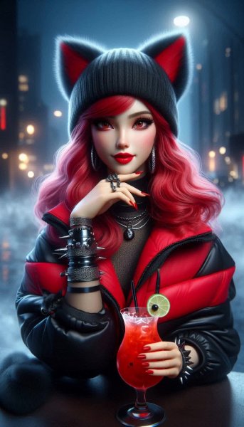 Вампирша в городе: огненный взгляд и демонический кот. Нейросеть Dalle