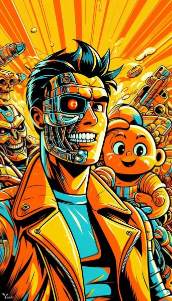 Терминатор: Комиксный перекресток мультсети в ярких тонах. Генерация из нейронной сети Dalle
