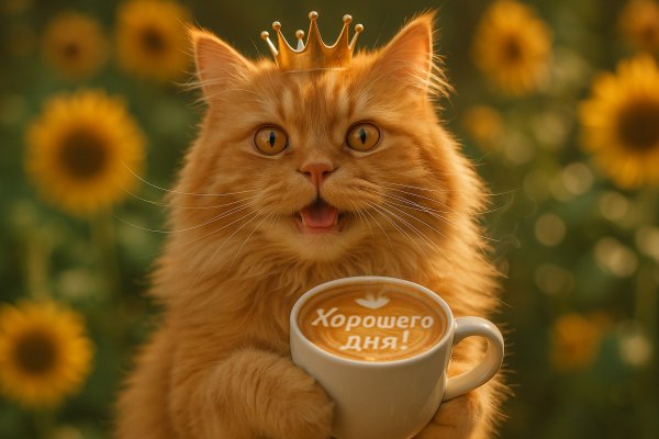 Королевский кот с чашкой латте и подсолнухами: утреннее настроение. Генерация из нейросети Sora Images