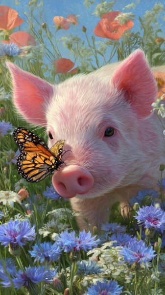Милый поросенок и бабочка в цветочном лугу. Изображение из нейросети Миджорни