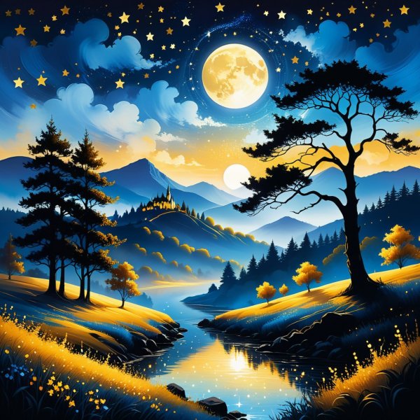 Волшебная ночь: звездное небо и тихий пейзаж. Изображение из нейронной сети Stable Diffusion