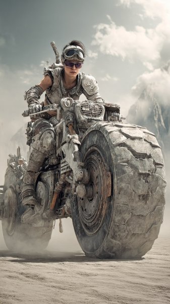 Постапокалиптическая воительница на космическом тракторе. Генерация из нейросети Midjourney